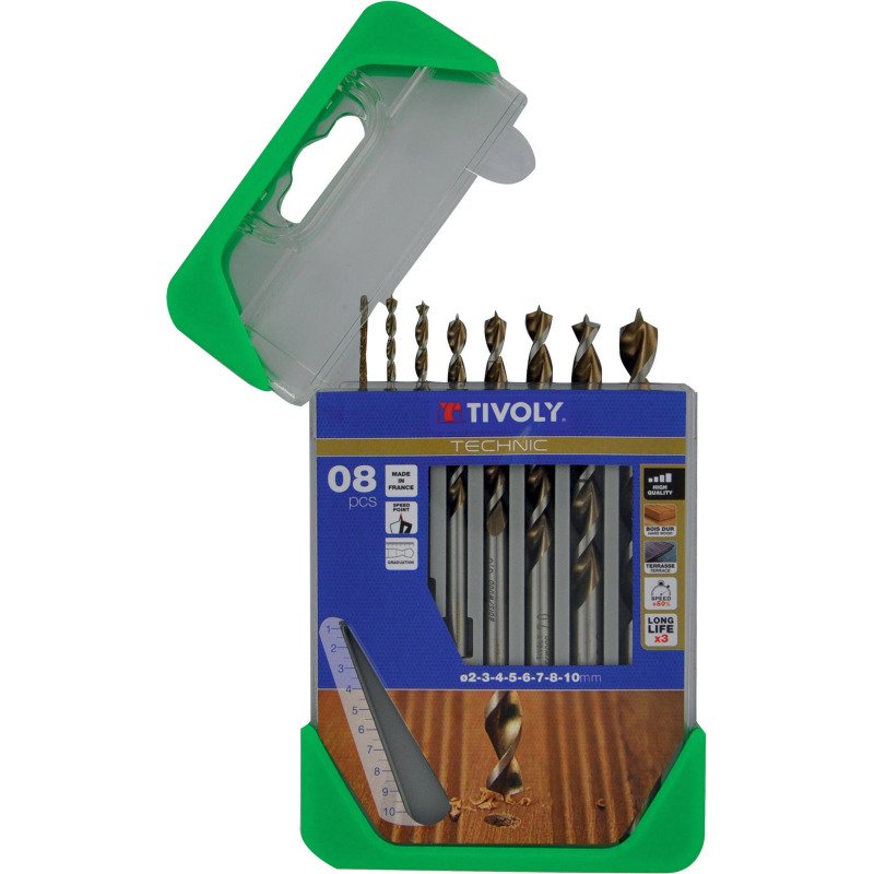 Coffret de 8 forets bois Tivoly Technic gradués  Ø 2 - 3 - 4 - 5 - 6 - 7 - 8 - 10 mm