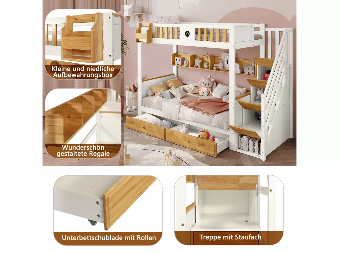 Lit superposé avec escalier de rangement - 90x200cm - 4 casiers dans l'escalier et 2 tiroirs sous le lit - avec sommier à lattes - Blanc