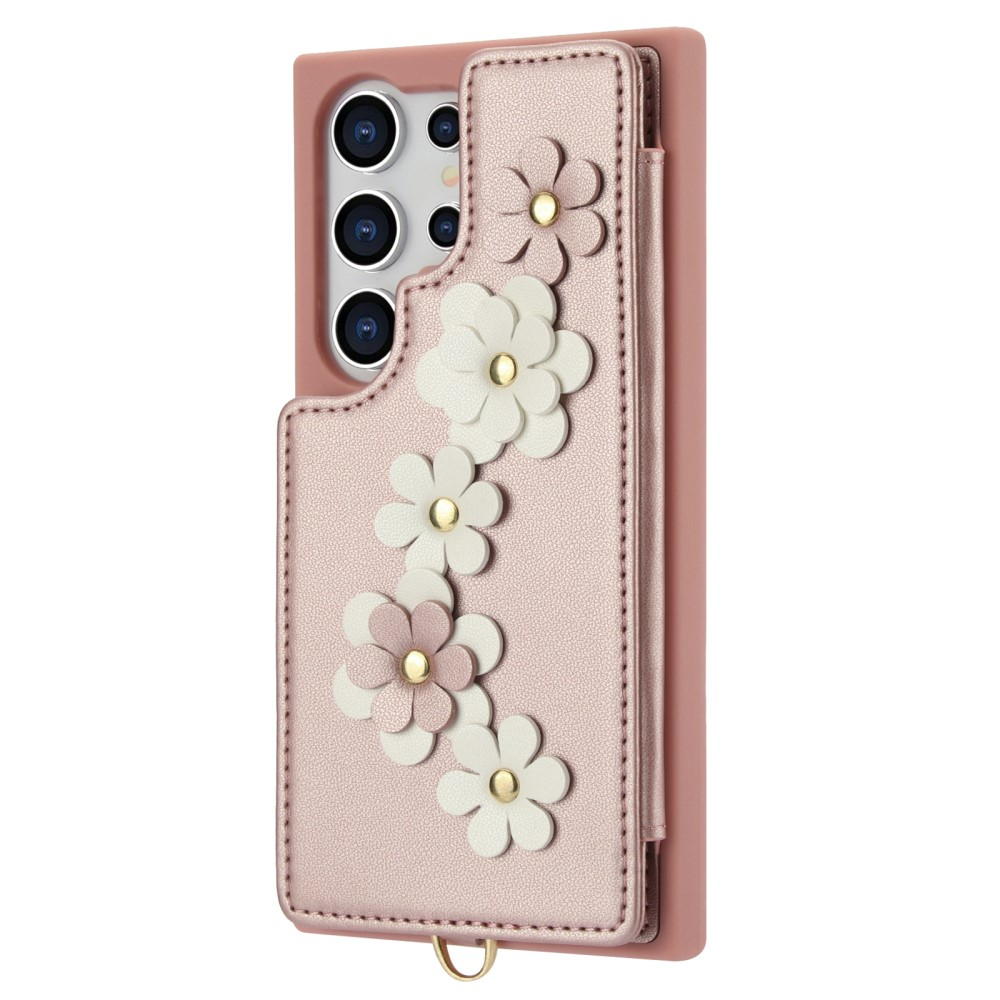 Samsung Galaxy S25 Ultra Necklace Leder Schutz Hülle mit Kartenfächer Blumen   Handykette (140cm) - Roségold
