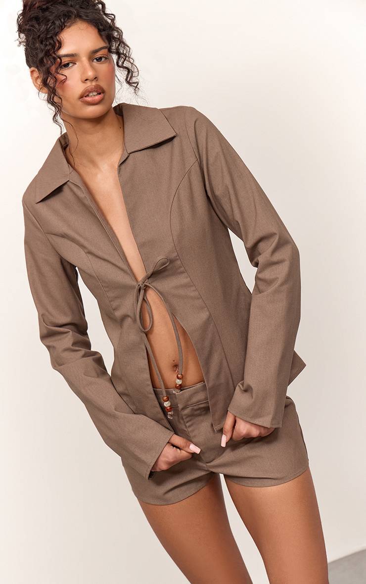 Deep Taupe Short Tailleur Effet Lin