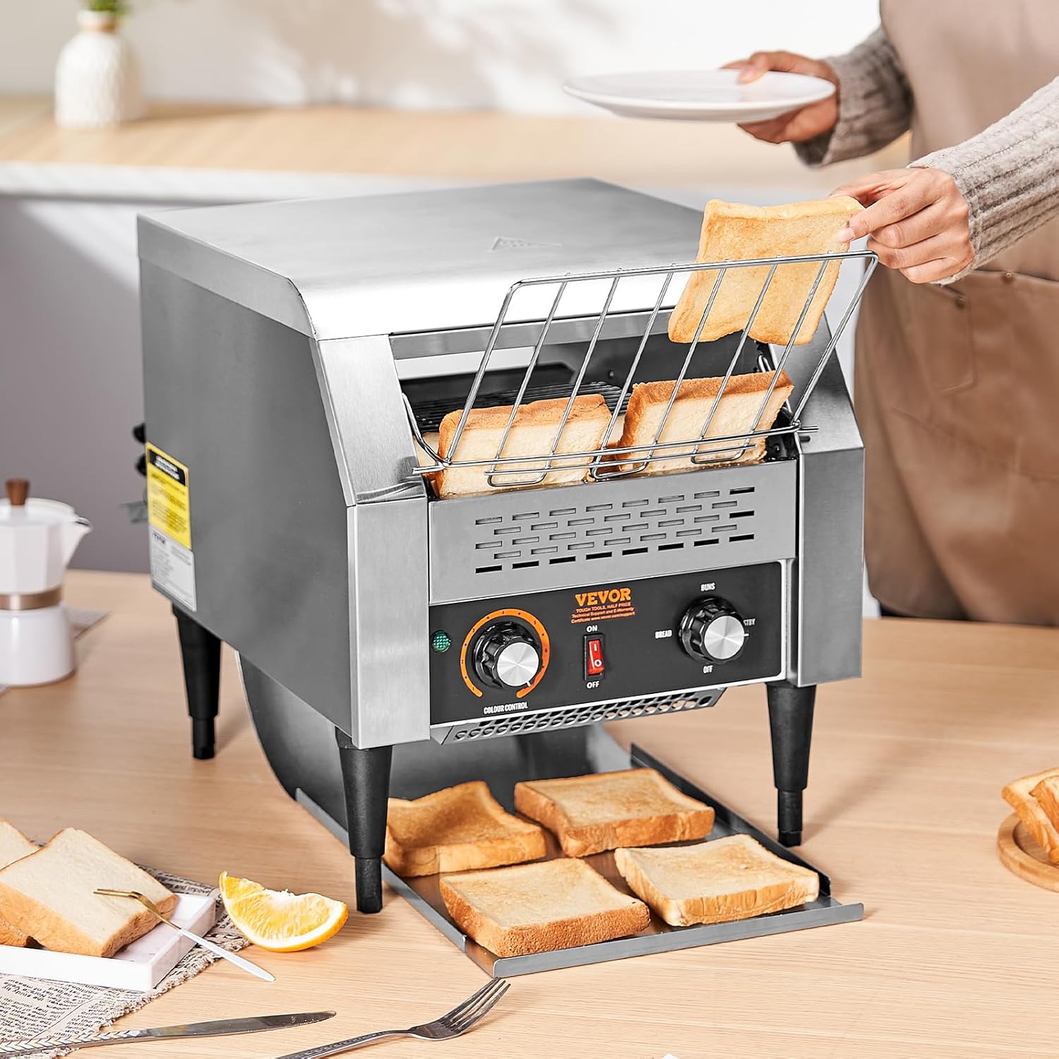 VEVOR Grille-Pain à Convoyeur Commercial 300 Tranche par Heure Toaster Grille Pain Inox 2200 W 7 Réglages de Vitesses avec Ramasse-Miettes pour Petit Pain Bagel Hamburger Boulangerie Restaurant Hôtel