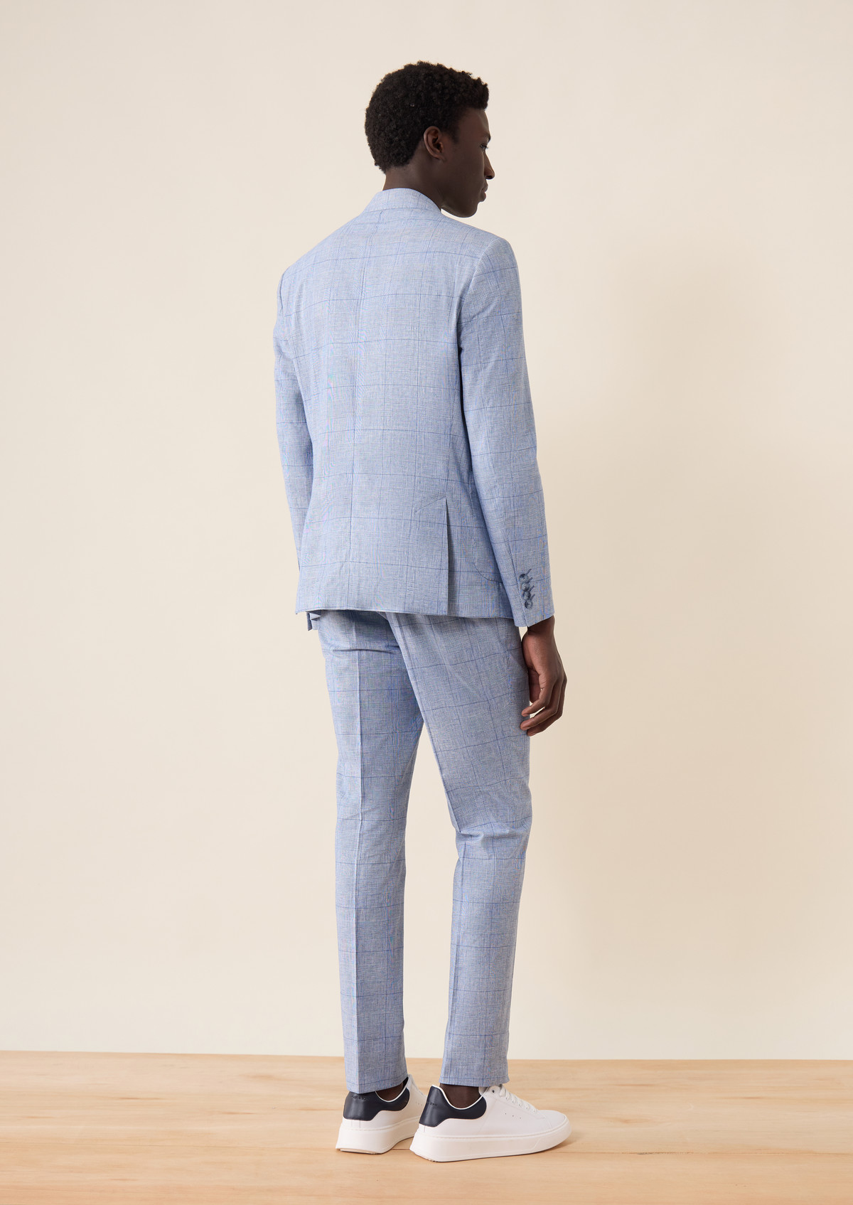 Pantalon coordonnable Slim en coton et lin bleu azur Prince de Galles