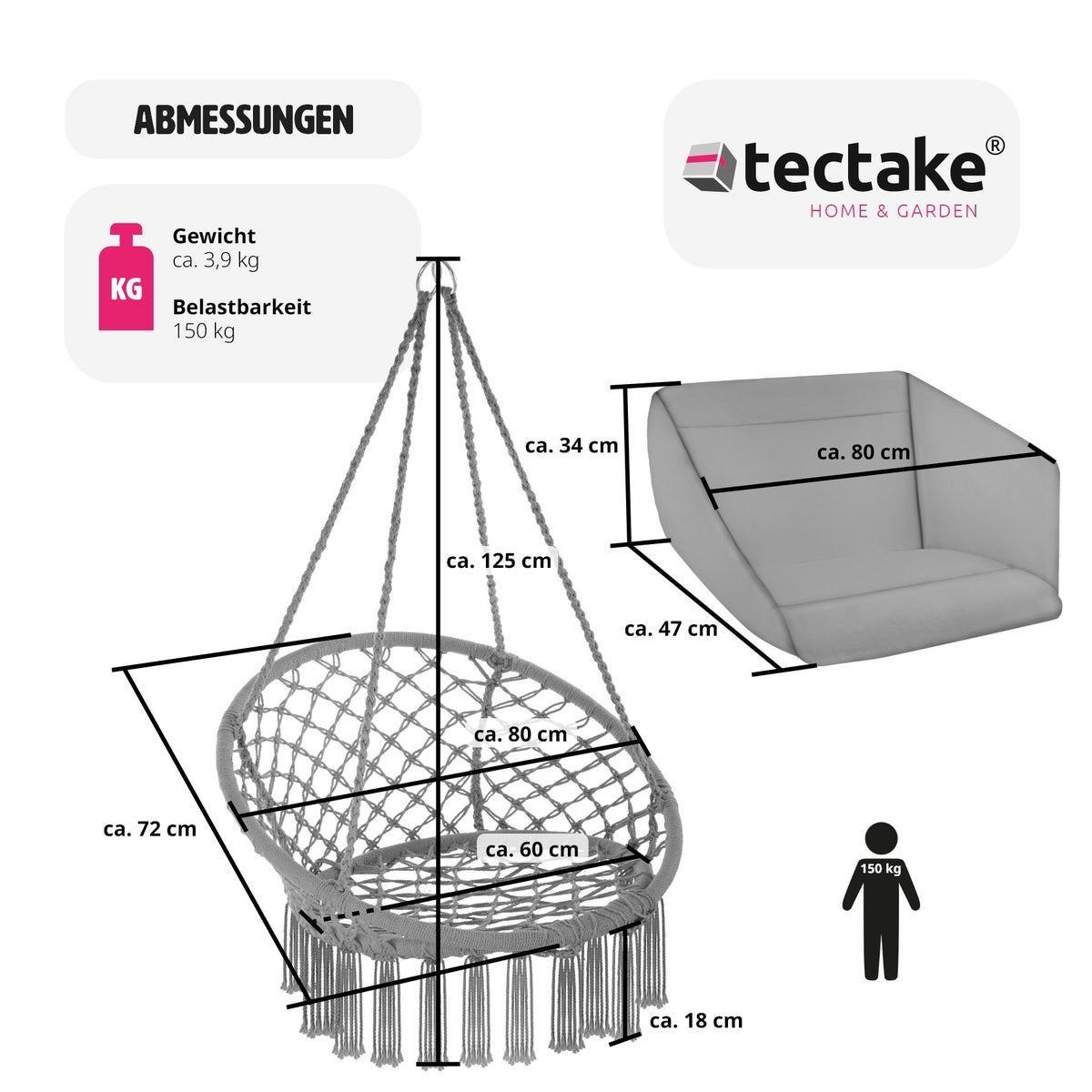 tectake Grazia hangstoel met zit- en rugkussens 80 x 72 x 125 cm