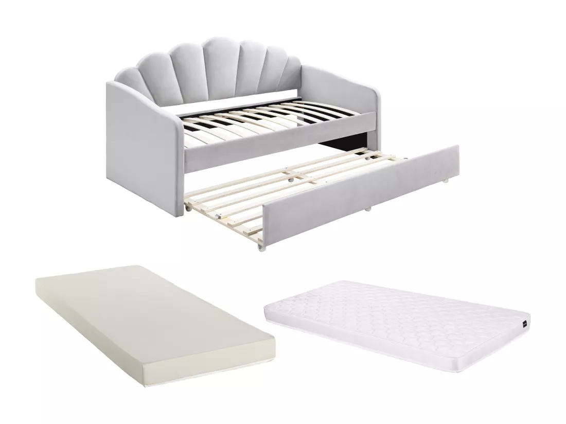 Lit gigogne coquillage 2 x 90 x 190 cm - Velours - Gris clair + Matelas - ELUSIA