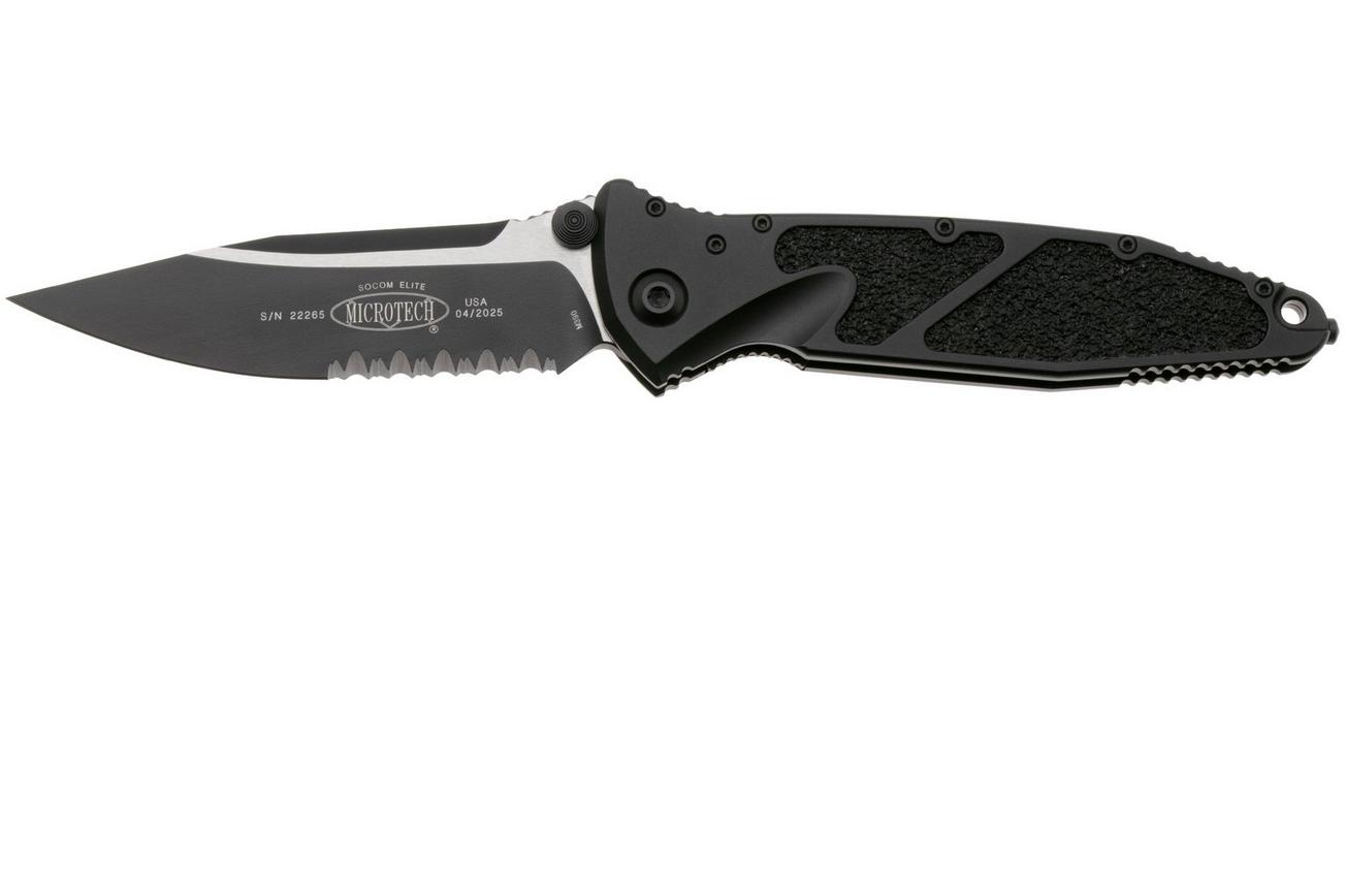 Microtech Socom Elite 160-2T, Two Tone M390 Clippoint, Black Aluminum, partly serrated zakmes
