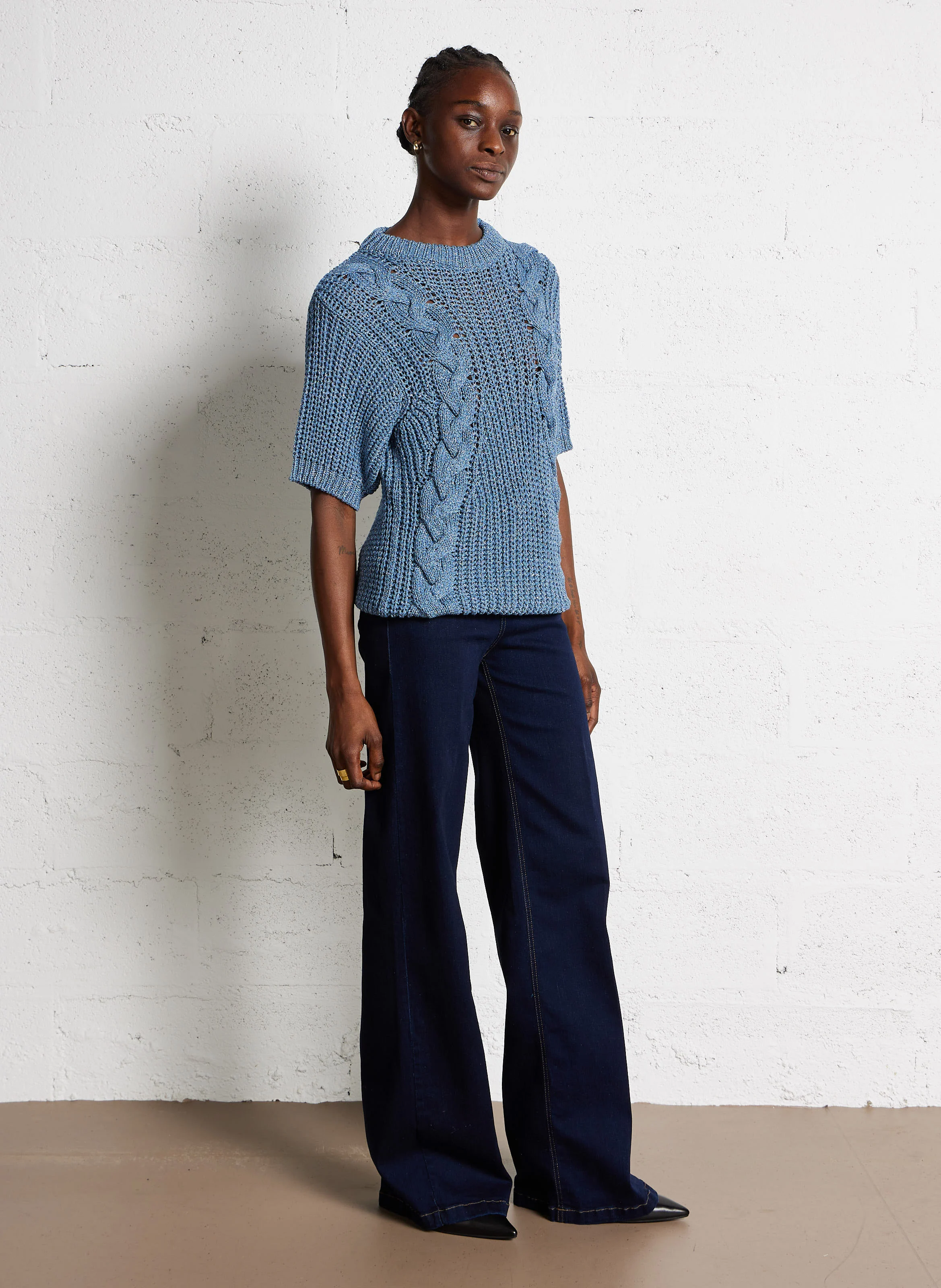 Jean évasé taille haute en coton mélangé | Bleu
