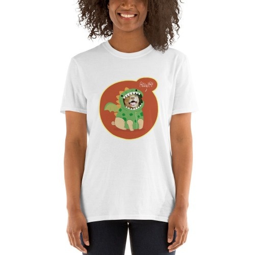 Camiseta feminina Mascochula, personalizada com dinossauro e seu animal de estimação, branca.