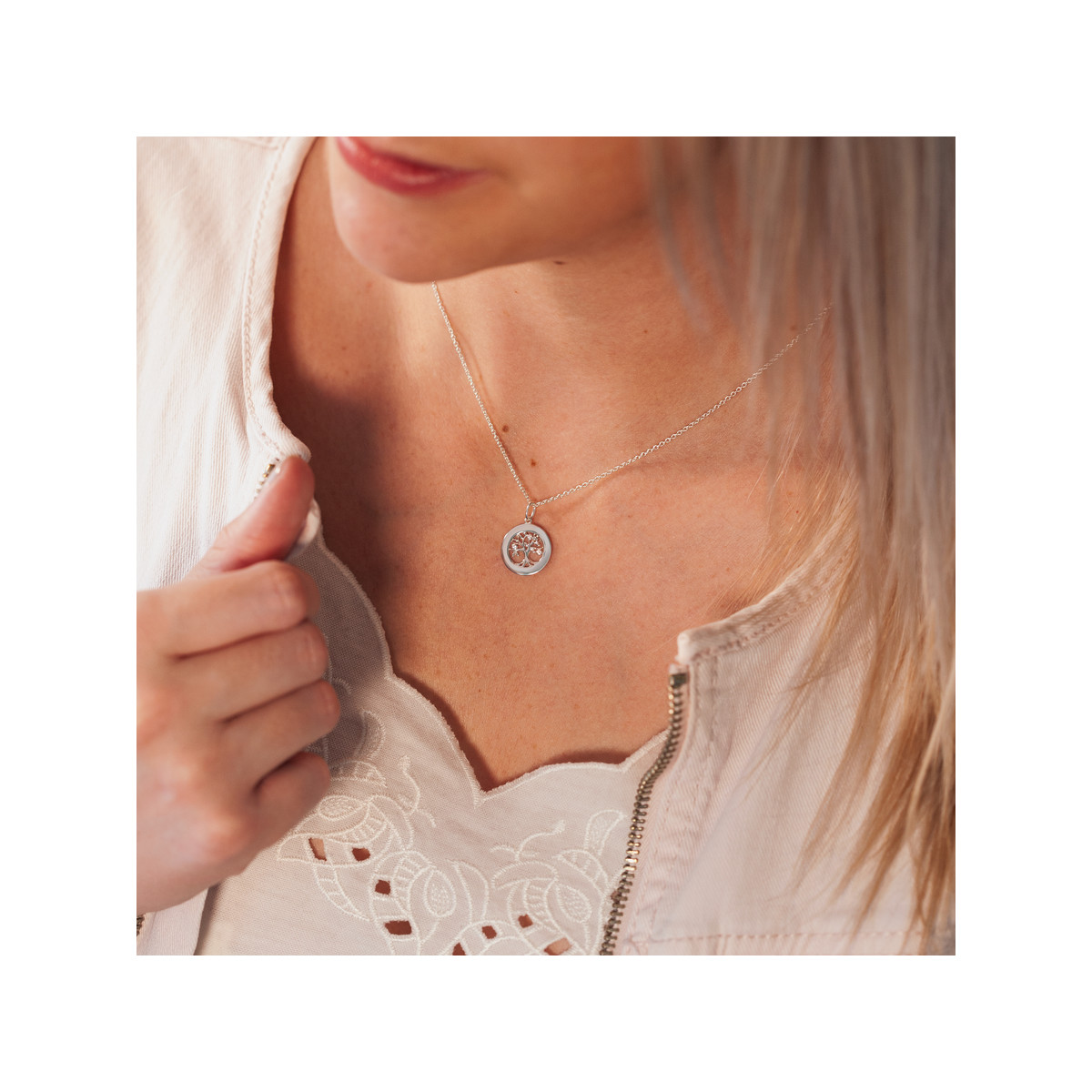 Collier argent 925 maille forçat et arbre de vie zirconias 44,5 cm