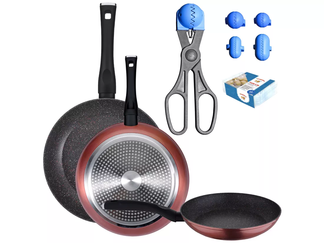 Pack de 3 casseroles ø20 / 24 et 28 cm + ustensile polyvalent pour croquettes avec 4 moules et 20 plateaux de rangement