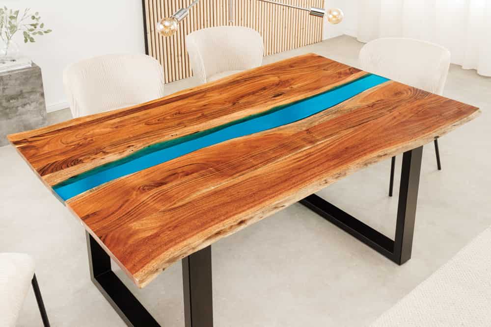 Massiver Esstisch LIQUID 160cm braun Akazienholz Baumkante schwarz Eisen blau