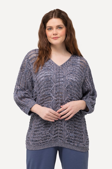 Pullover, Ajourmuster, V-Ausschnitt, 3/4-Arm, Biobaumwolle