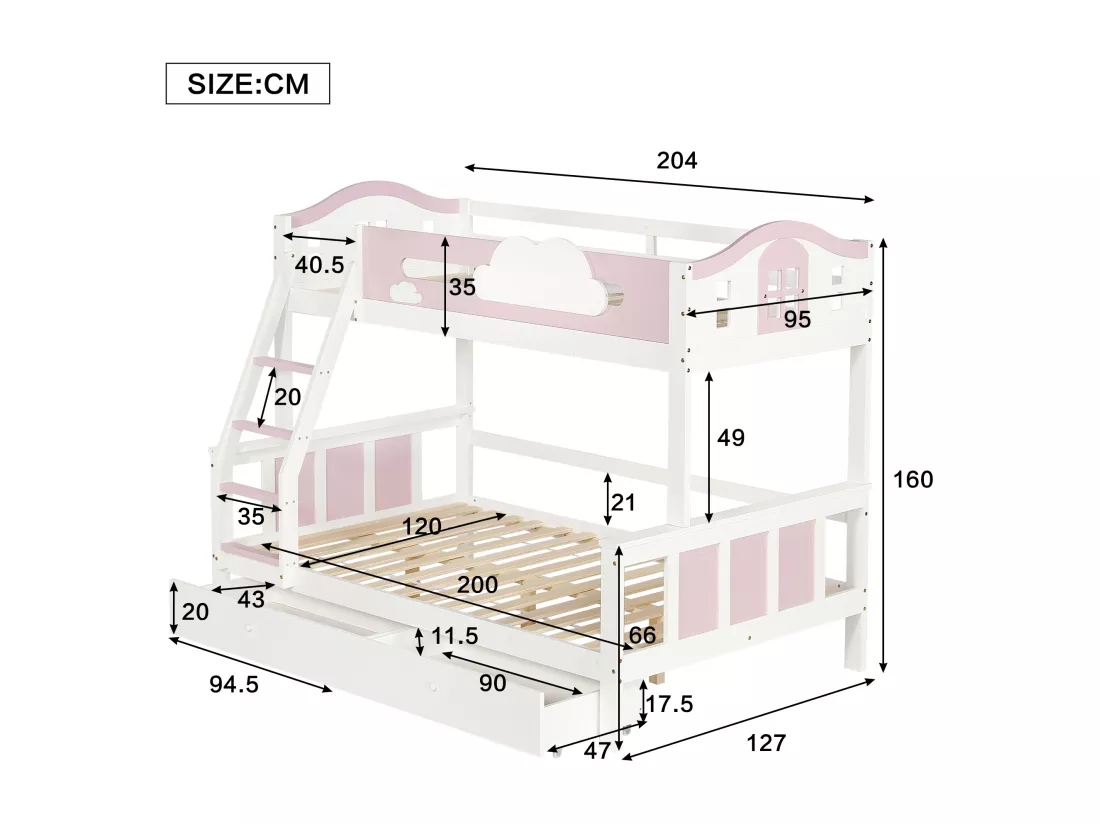 Lit superposé pour enfants 90x200cm+120x200cm, avec fenêtre, échelle inclinée et tiroirs, blanc+rose