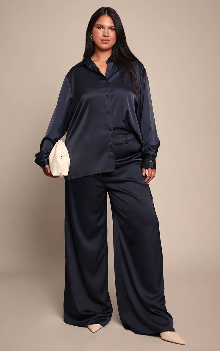 Noir Pantalon Large Taille Haute En Satin Froissé Grande Taille
