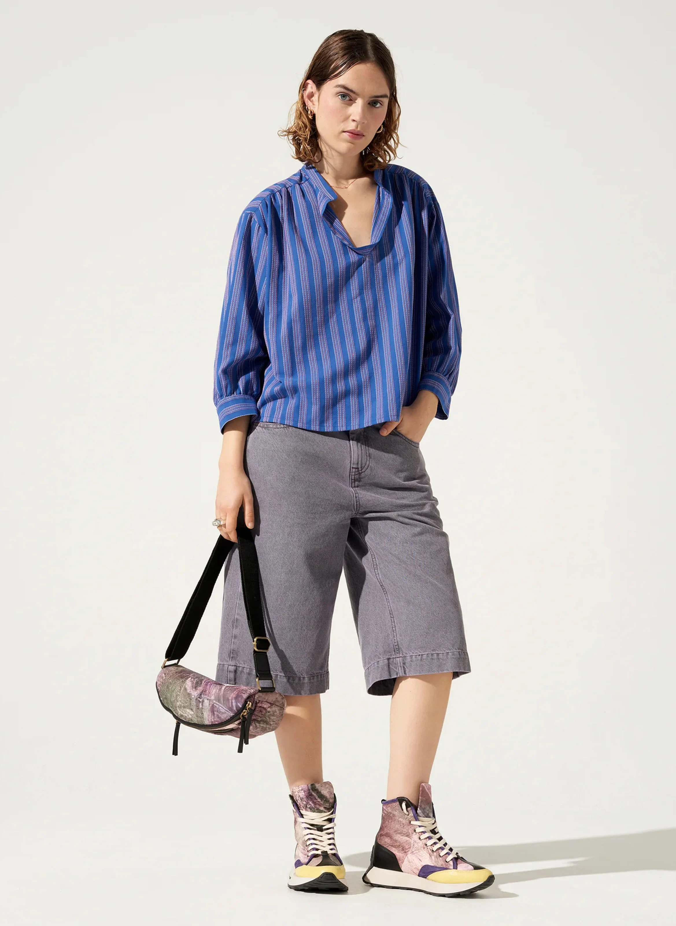 ZOFIA - Blouse oversized rayée en coton mélangé | Bleu