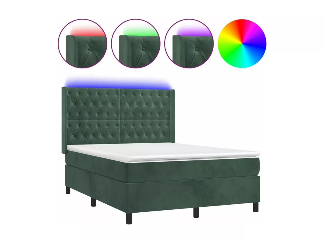 Sommier tapissier matelas et LED Vert foncé 140x200 cm Velours