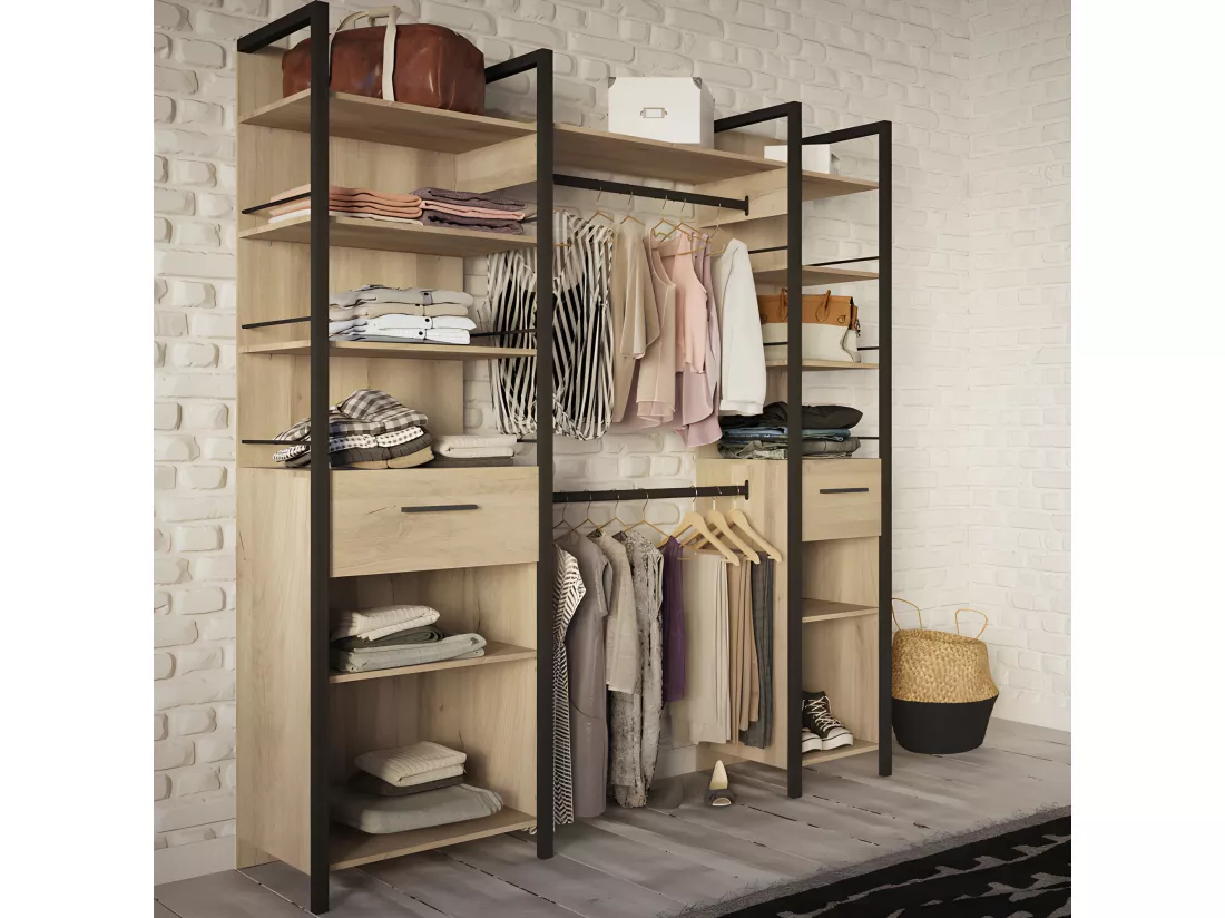 Aménagement dressing extensible Chêne/Noir - GARI - L 140/179 x l 48 x H 207 cm