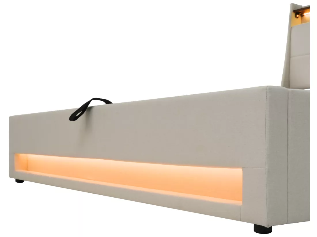 Lit coffre en lin 90x200cm avec LED et ports USB - sommier à lattes - beige