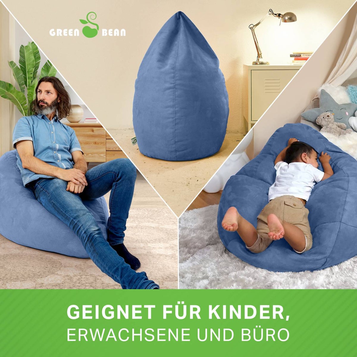 Green Bean Zitzak met rugleuning 60x60x90cm - Binnenzitkussen 220L vulling, comfortabel, wasbaar - Zitzak vloerkussen, loungestoel, voetenbank - lichtblauw