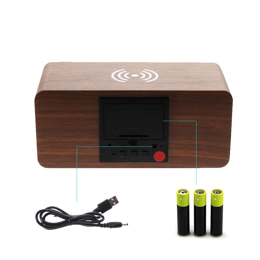LED Wecker Holz Tischuhr Qi Wireless Ladegerät mit Sound Control - Dunkelbraun