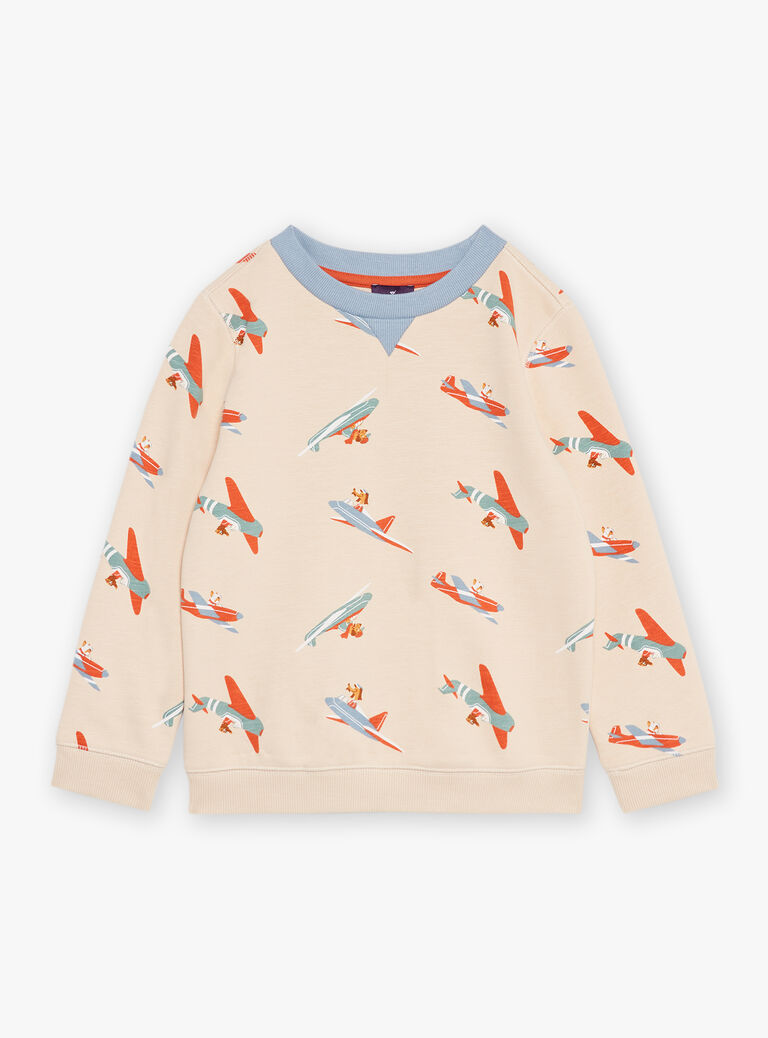Sweat beige clair en molleton à imprimé avions