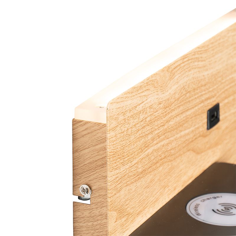 Set van 2 wandlamp zwart met hout incl. LED met USB en inductielader - Riza