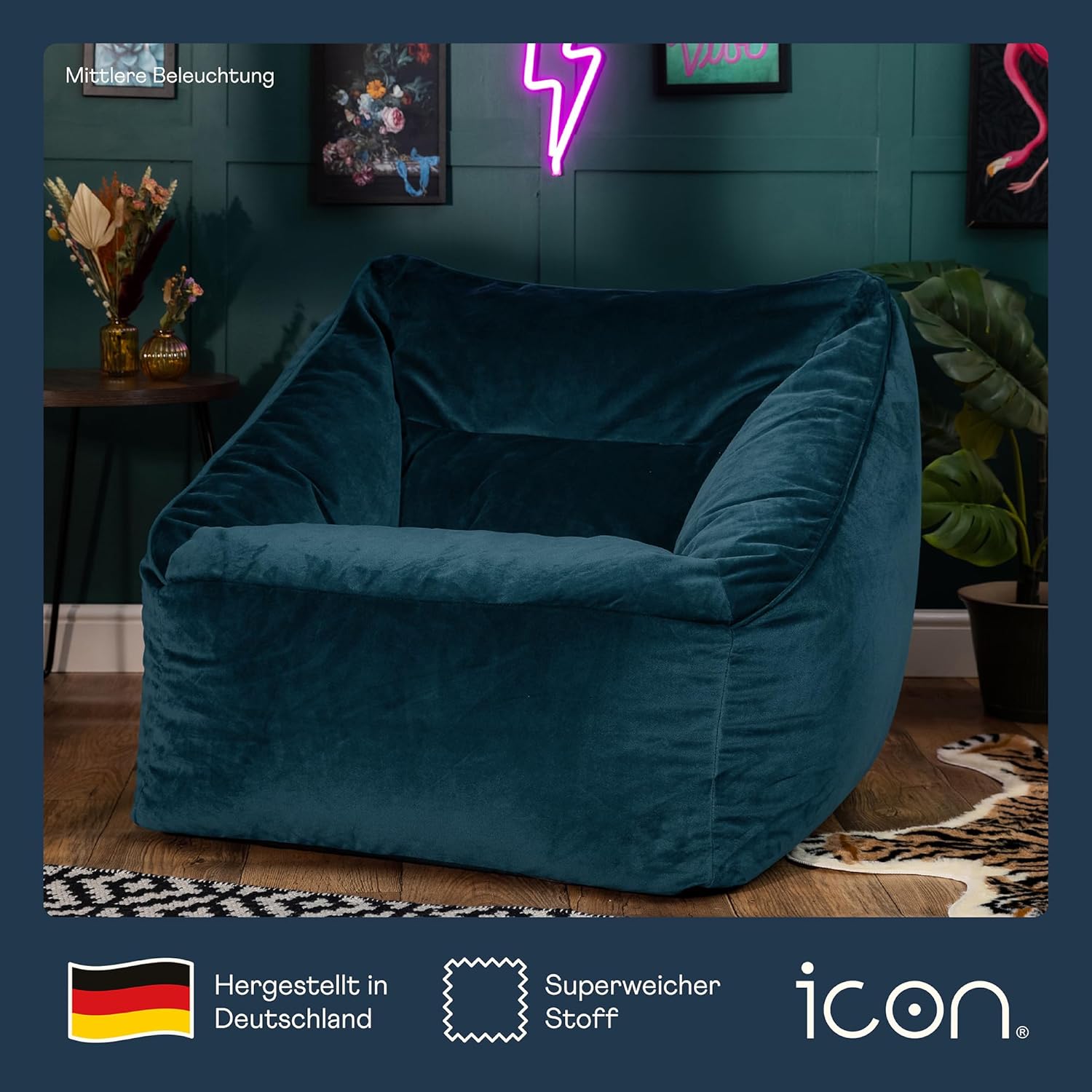 Icon Natalia Sitzsack Sessel für Erwachsene, Blaugrün, Flauschiger Samtstoff, Riesen Sitzsack Samt mit Füllung, Bean Bag Chair, Bequemer Sessel Wohnzimmer, Lounge, Schlafzimmer, Büro