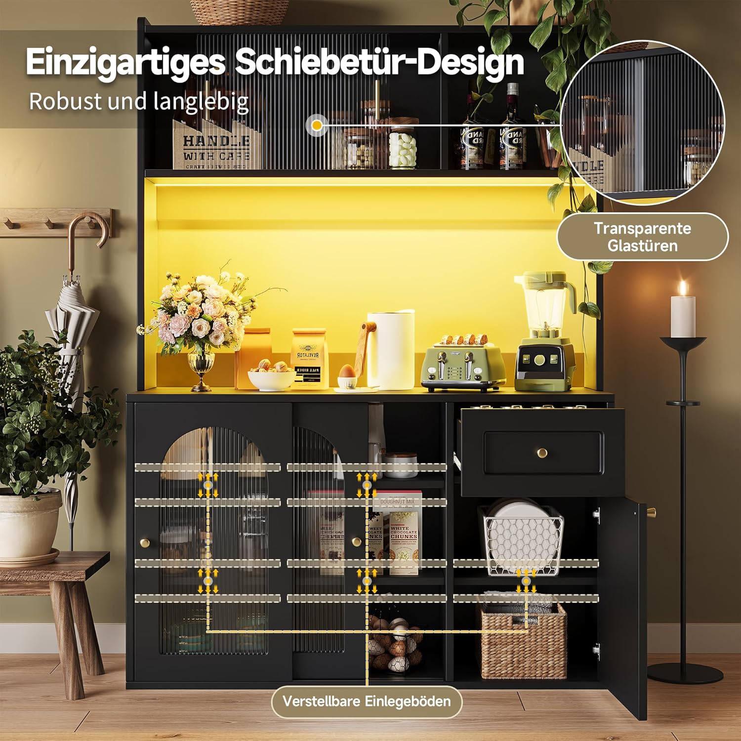 Küchenschrank, Hochschrank, Vitrinenschrank, Buffetschrank mit Verstellbaren Ablagen, Esszimmerschrank, Sideboard mit LED-Beleuchtung, Schwarz