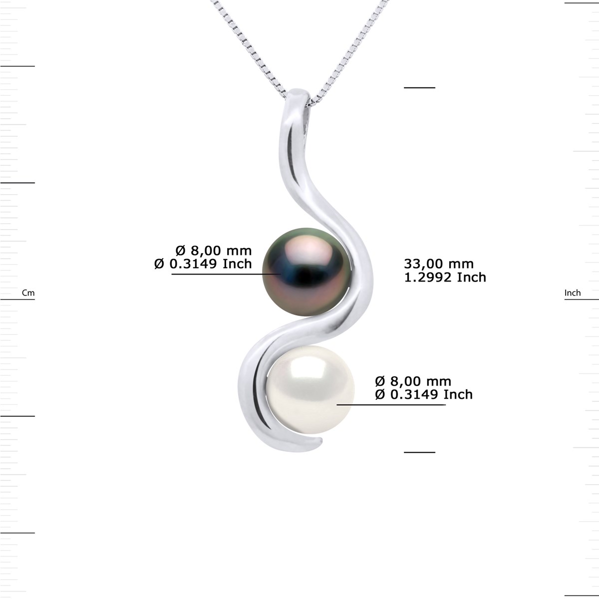 Pendentif TOI ET MOI Perles de Culture de Tahiti et d'Eau Douce Rondes 8-9 mm Or Blanc