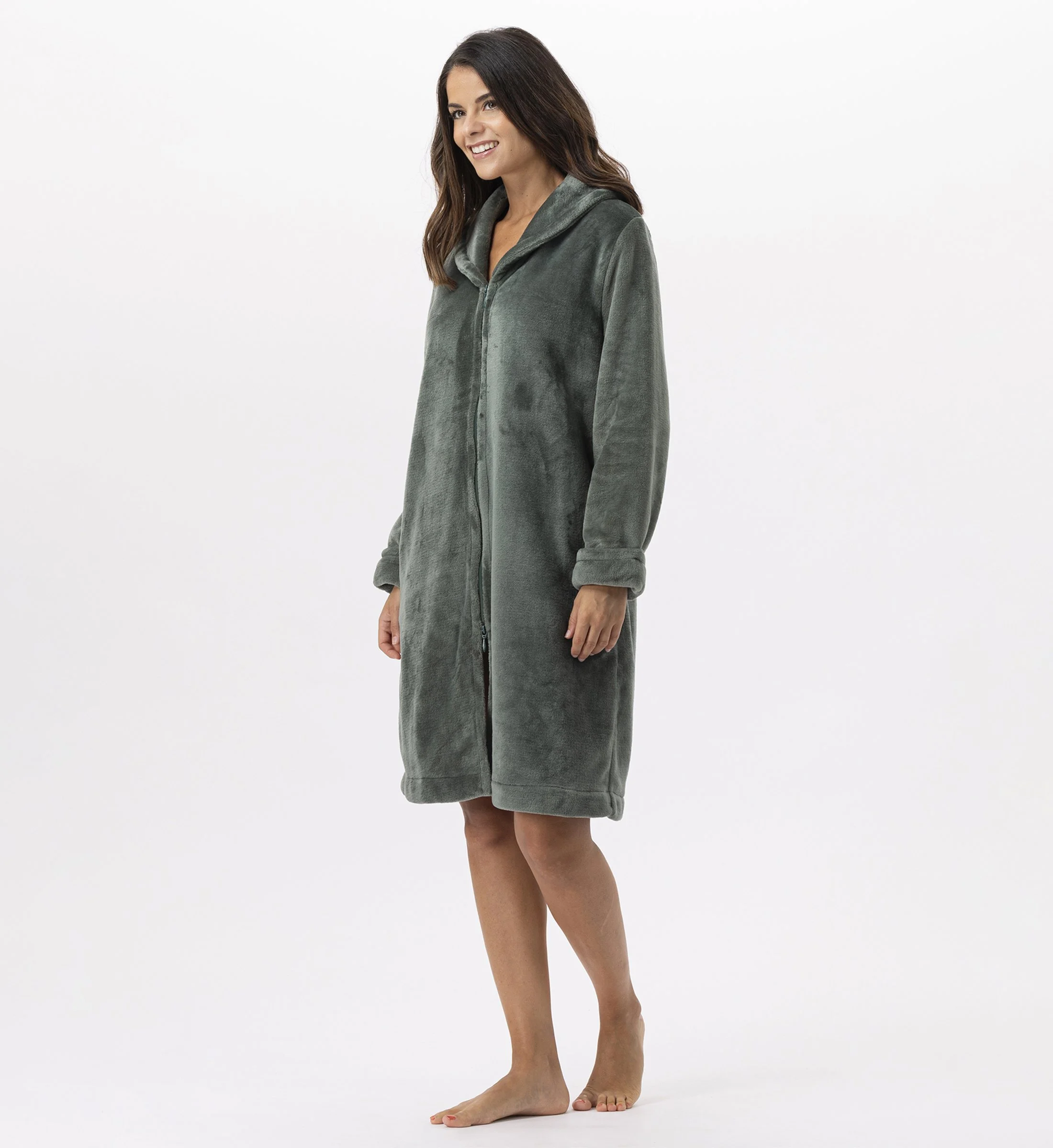 ESSENTIEL H56B - Robe de chambre zipée en peluche flanelle | Vert