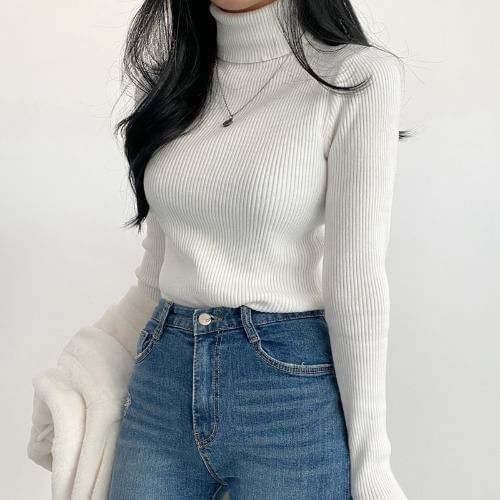 MIKIGA - Lange mouwen coltrui effen geribbelde slim fit gebreide top