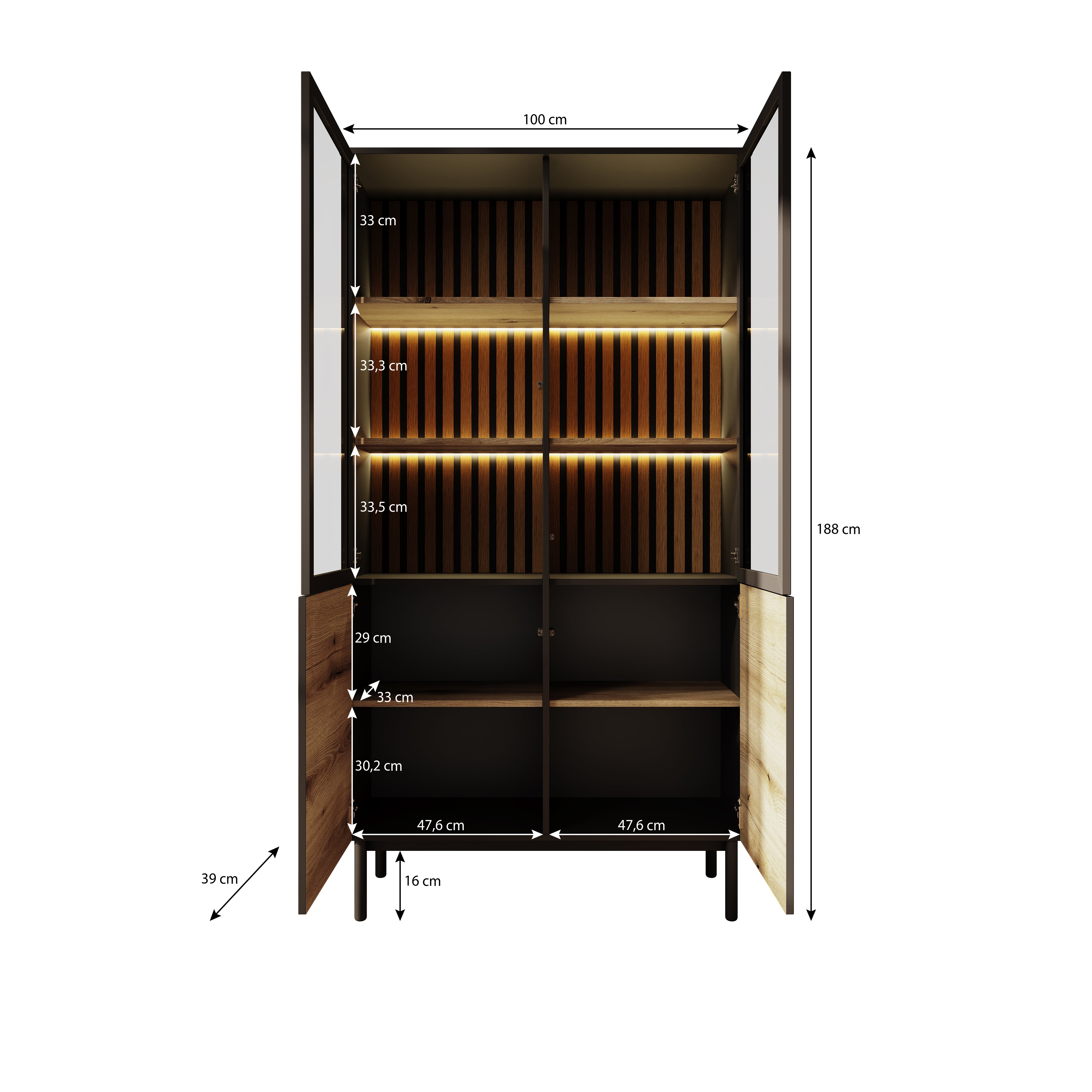 Ludwig - Vitrinekast - Zwart/eiken - 100x39x188 cm