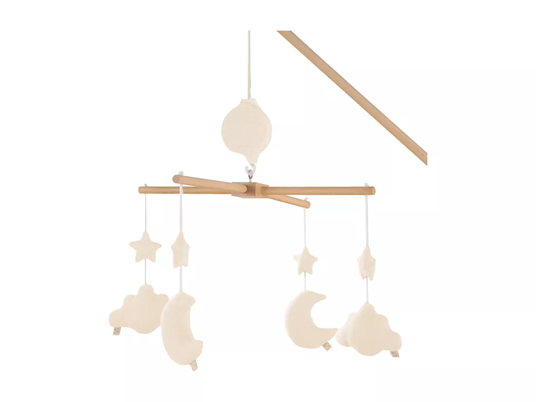 Mobile musical bébé en bois avec 4 jouets