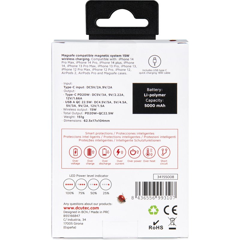 DCU Advance Tecnologic 34155008 banque d'alimentation électrique Lithium 5000 mAh Recharge sans fil Blanc