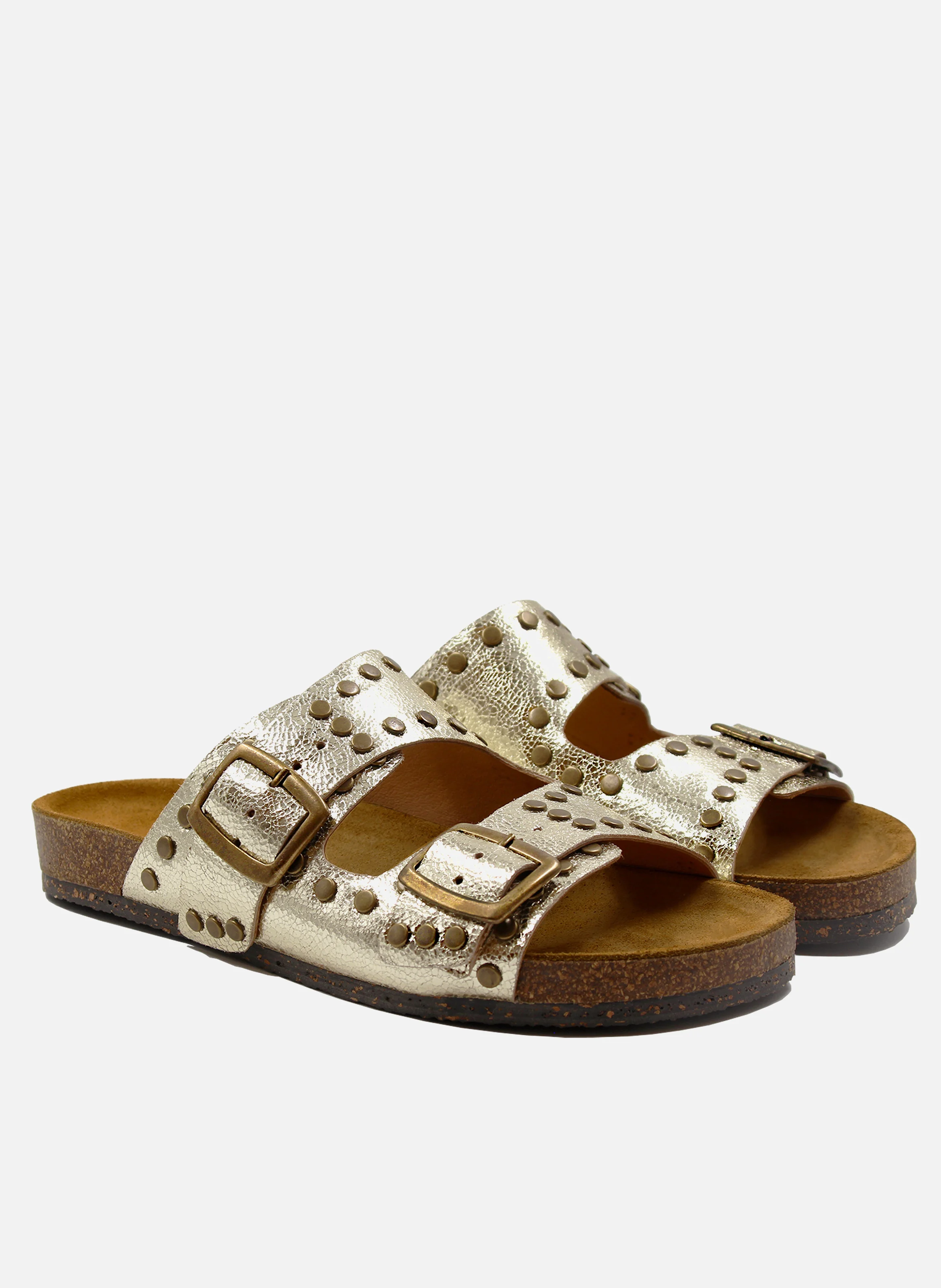 Mules liège clous cuir métallisé | Doré