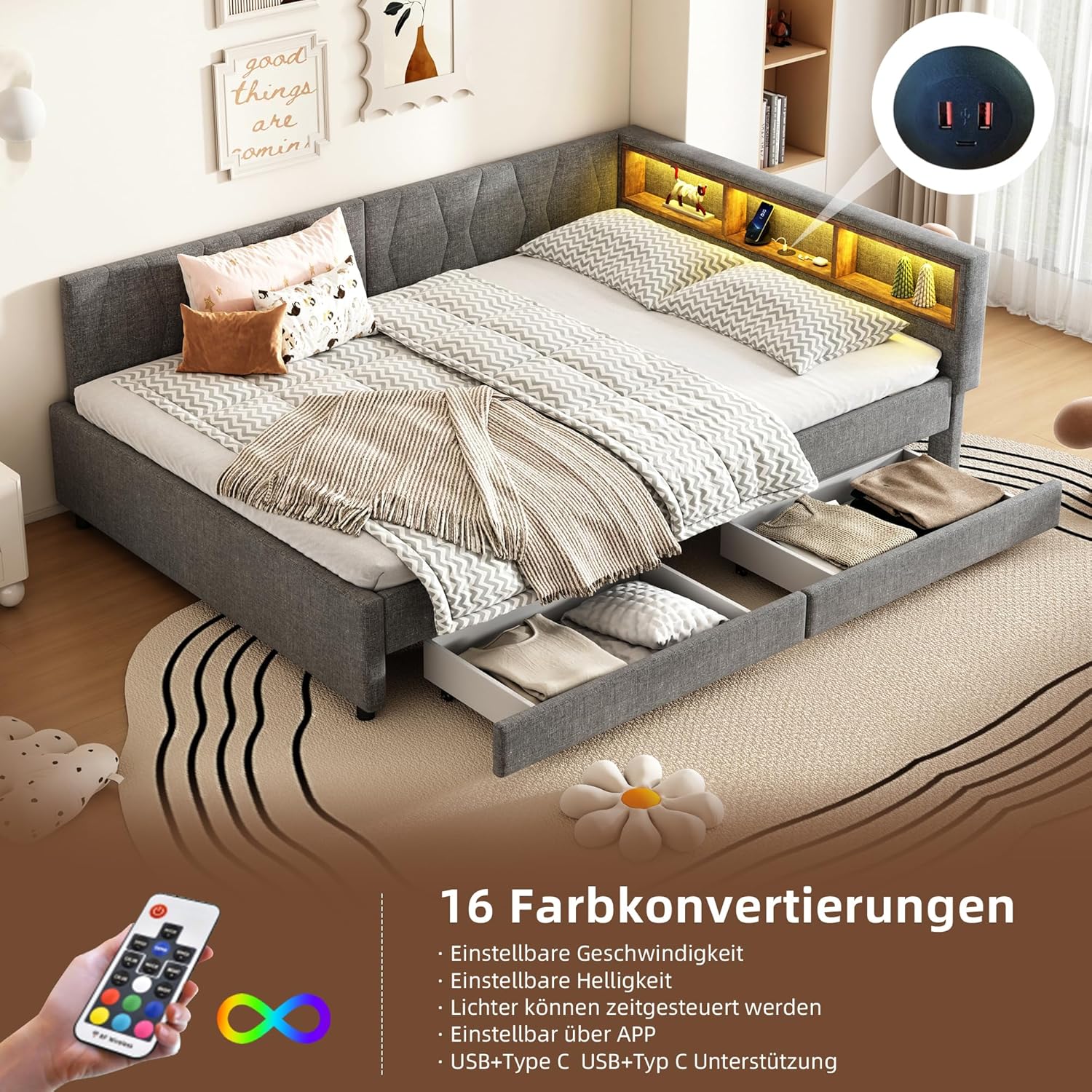 Polsterbett Schlafsofa 140x200, Doppelbett mit 2 Schubladen, Daybett mit LED Staufach, Tagesbett mit USB Typ C Ladefunktion, für Jugendliche und Erwachsene, Leinen, ohne Matratze, Grau
