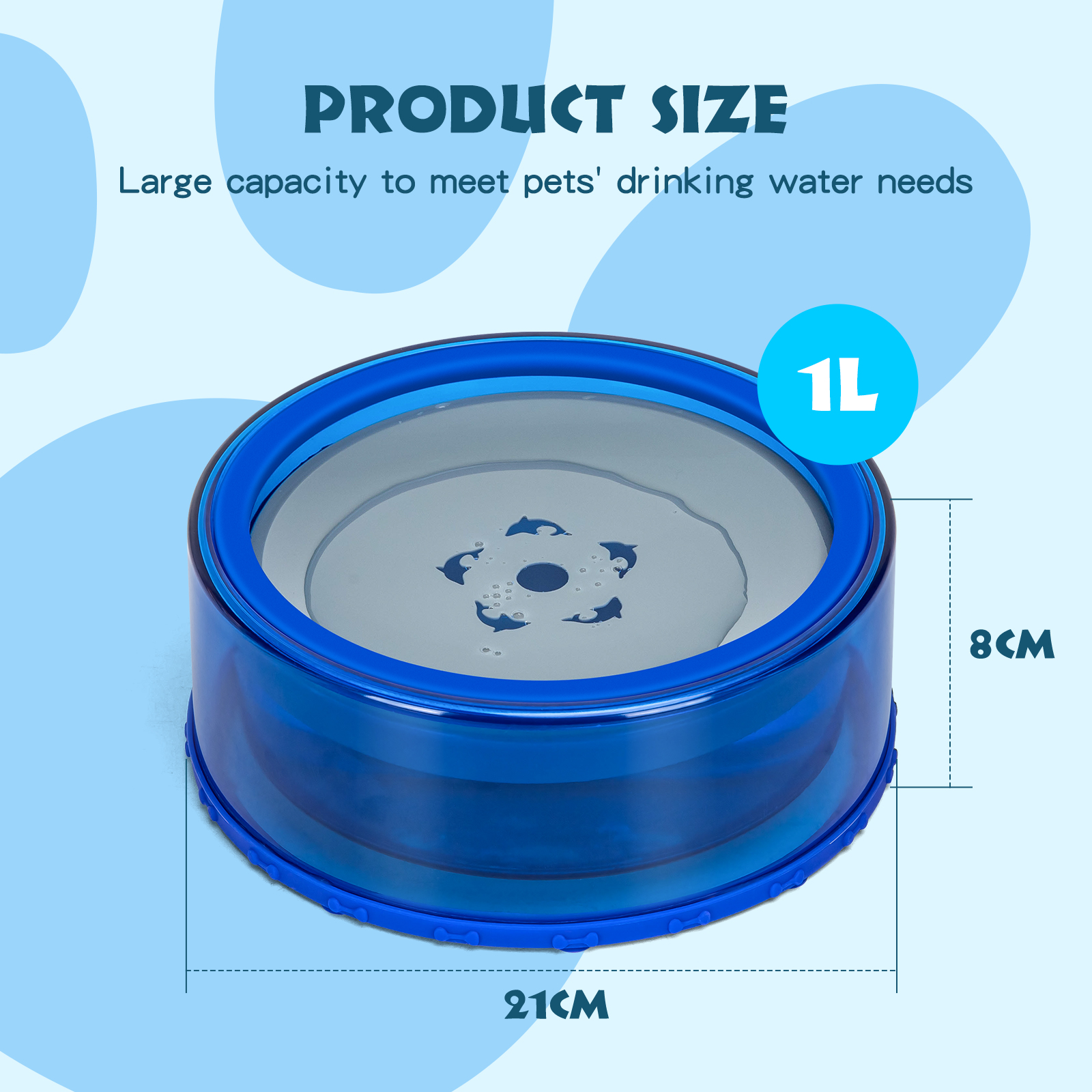 Tigela de água flutuante Nobleza-1L para cães e gatos, à prova de respingos, azul.