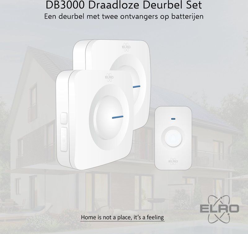 ELRO DB3000 Draadloze Deurbel Set – met 2x Ontvanger op batterij - Bereik 300 meter - IP65 Waterdicht - 64 Melodieën - Wit