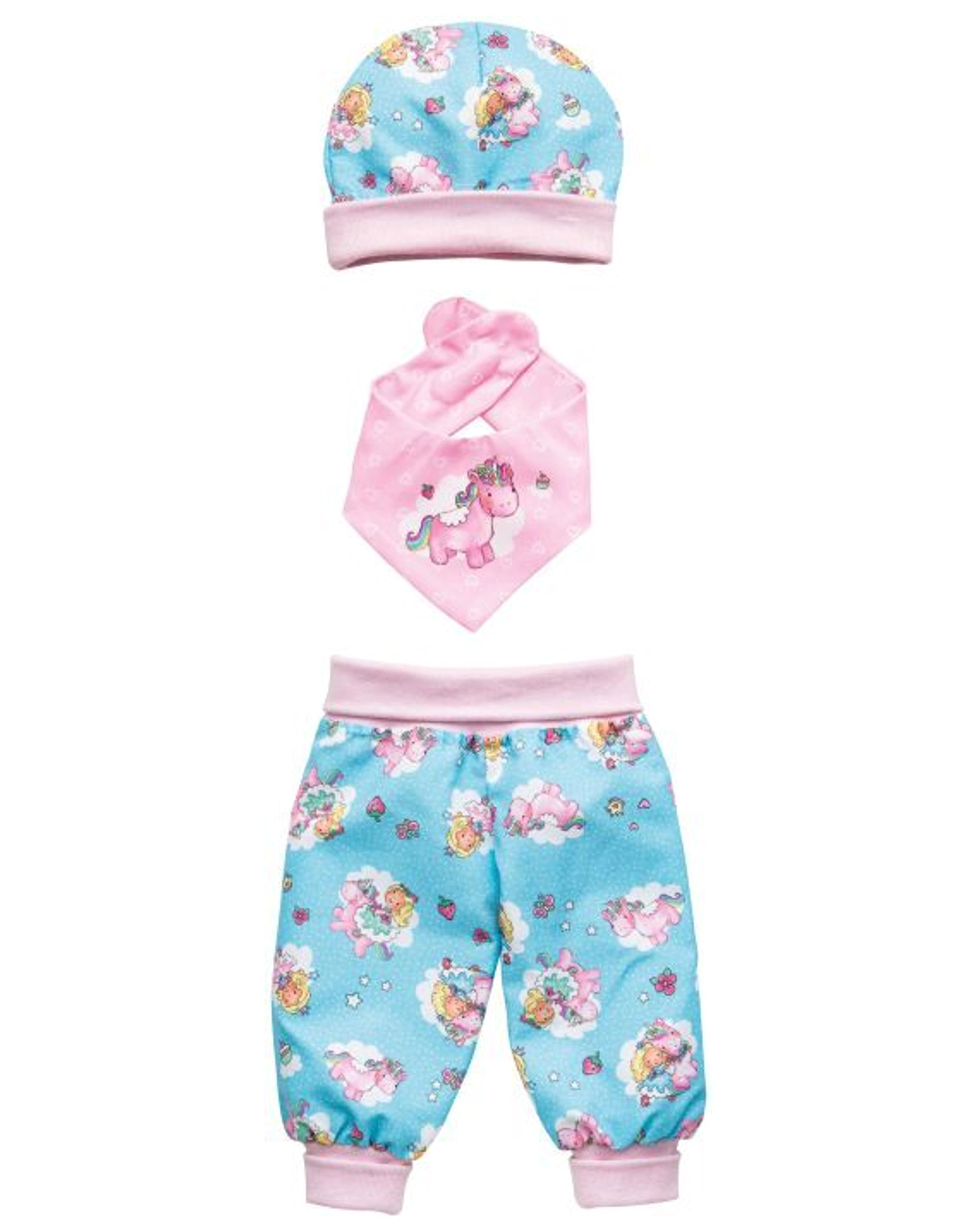 Puppenkleidung EINHORN EMIL & FEE EMMA (35-45cm) 3-teilig in hellblau/rosa