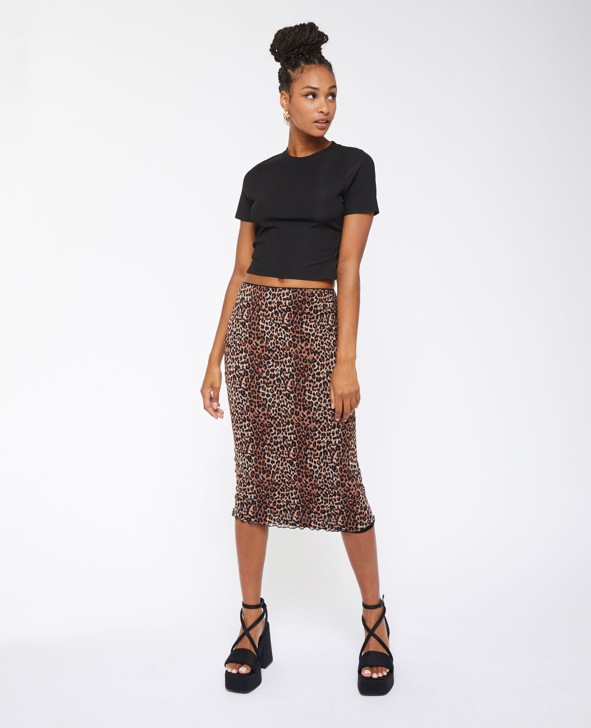 Jupe midi en tulle motif léopard - Beige