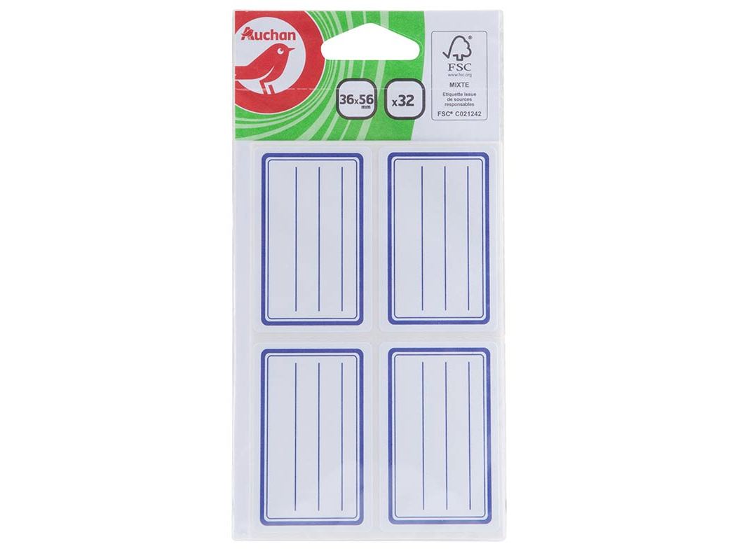 ETIQUETA ESCOLAR AUCHAN AZUL 36X56MM 32 UNIDADES
