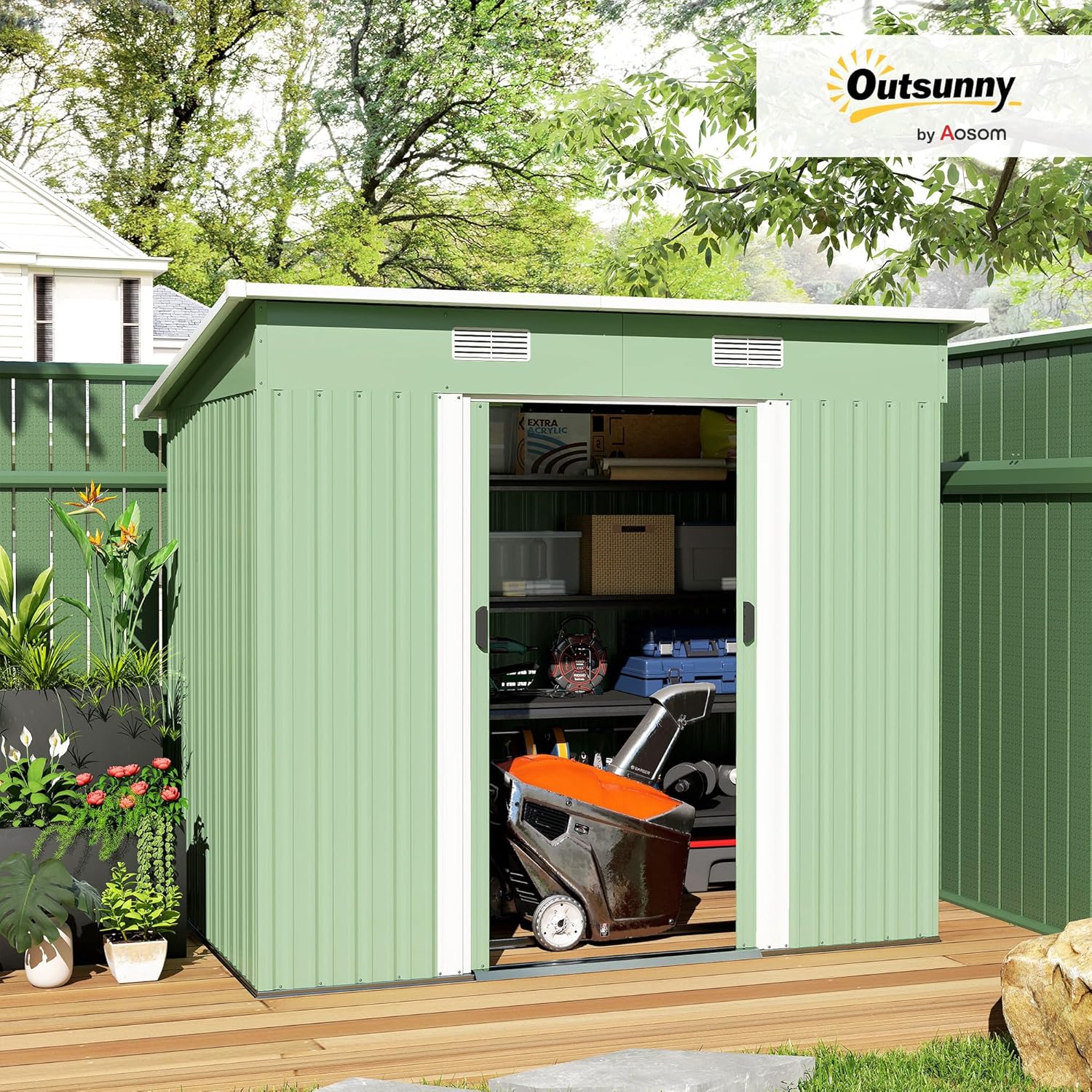 Outsunny Gerätehaus 2,3 m² 207 x 130 x 182 cm Metall Garten Schuppen mit Fenster Pultdach Schiebetüren Fundament wetterfest Geräteschuppen Outdoor Gartenhaus für Hinterhof Grün