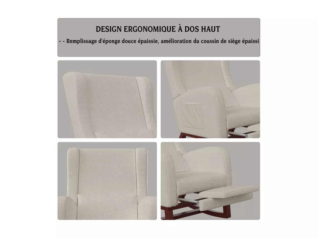 Chaise à bascule avec repose-pieds, pieds antidérapants en bois massif, poches des deux côtés, coton et lin, beige