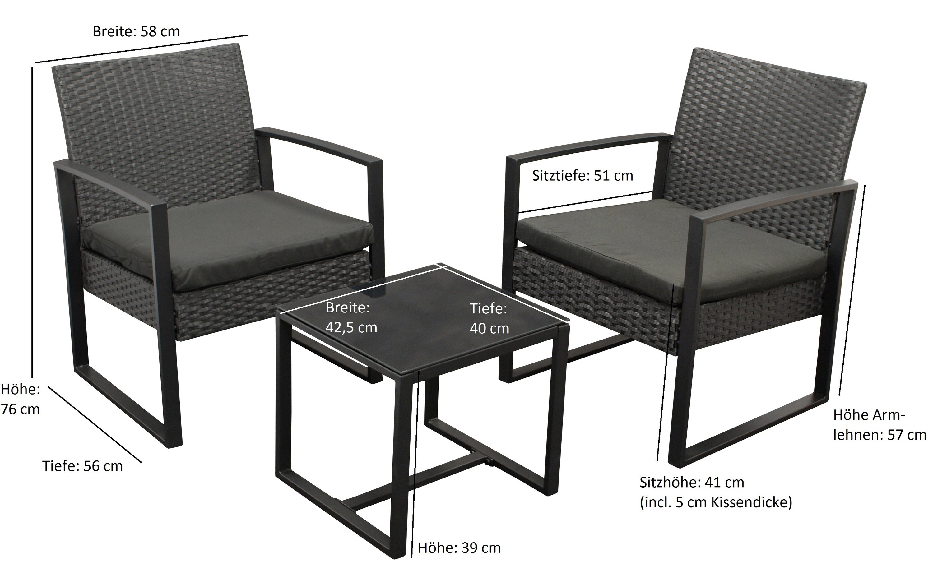 DEGAMO Garnitur MALTA 3-teilig, Metall schwarz und Polyrattan schwarz, mit Polstern