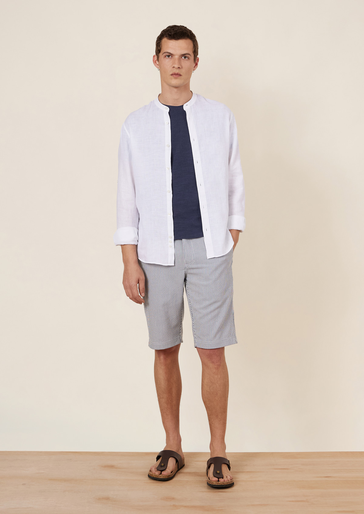 Bermuda blanc à rayures bleu jeans