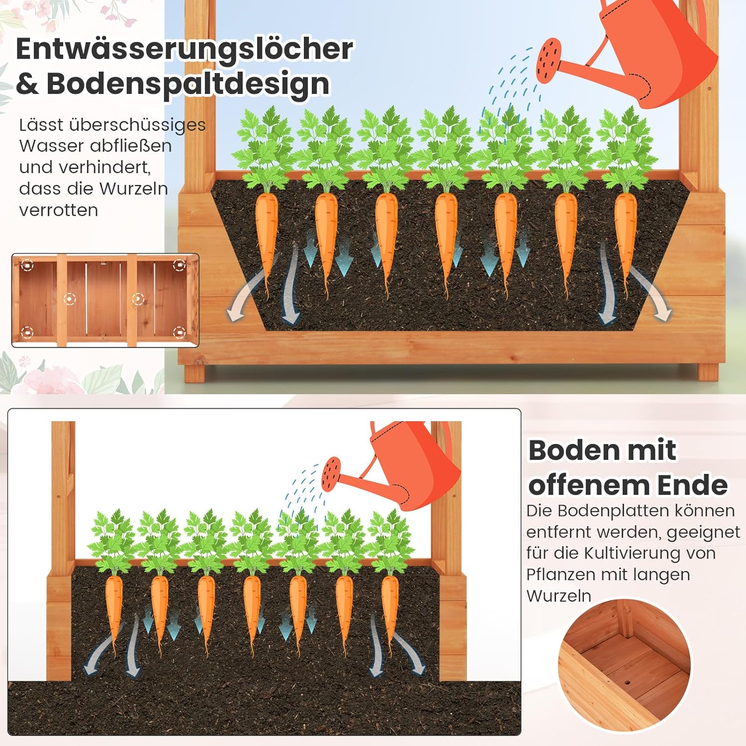 COSTWAY Hochbeet mit Rankgitter & hängendem Dach, Pflanzkasten mit Rankhilfe, Blumenkasten für Kletterpflanzen & hängende Körbe, für Hof Garten Terrasse, Pflanzgefäß aus Holz, Orange (110x44x182cm)