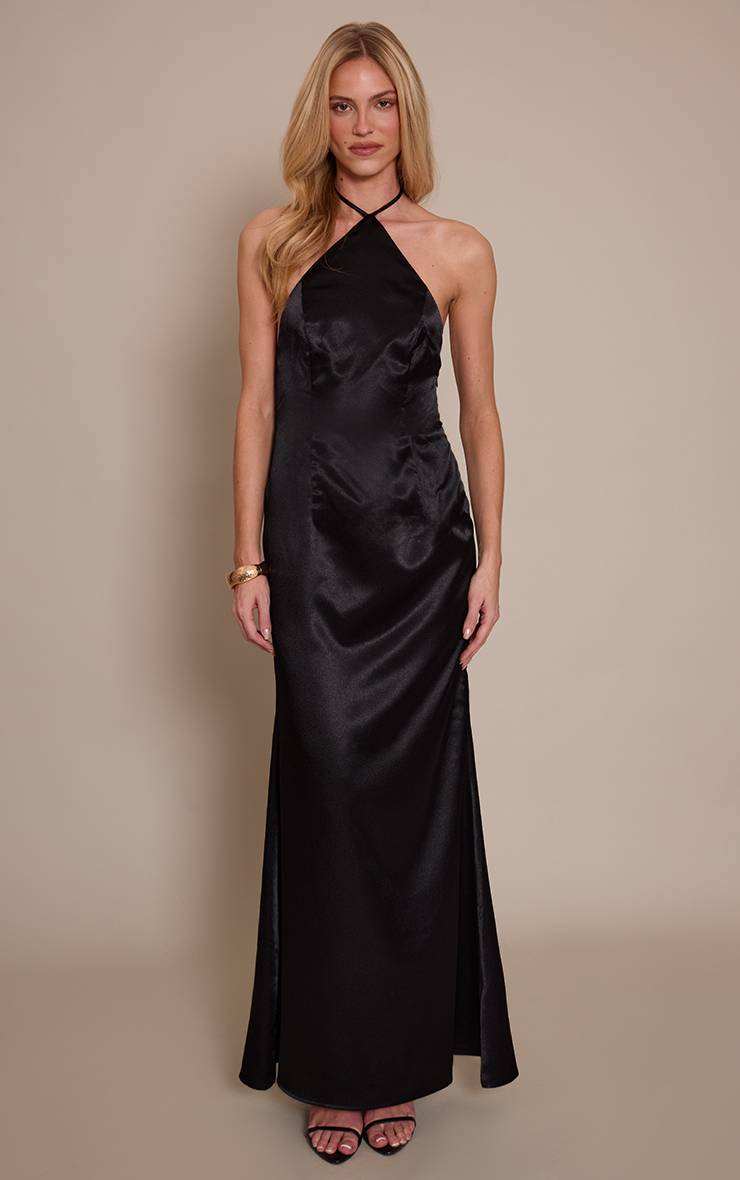 Noir Robe Longue Satinée Dos Nu Avec Col Licou Et Lien À Nouer