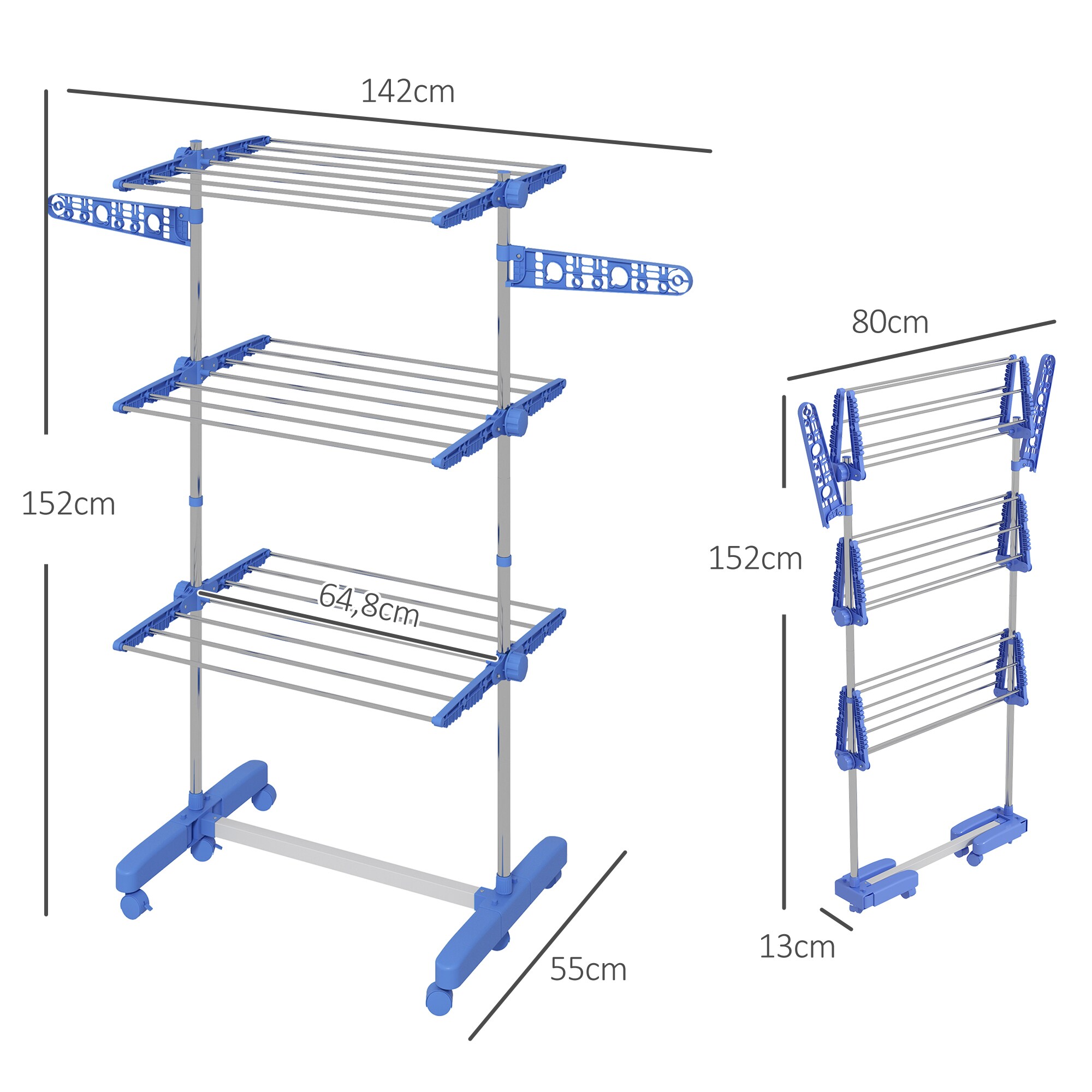 HOMCOM Wäscheständer mit Kleiderhaken grau 142L x 55B x 152H cm