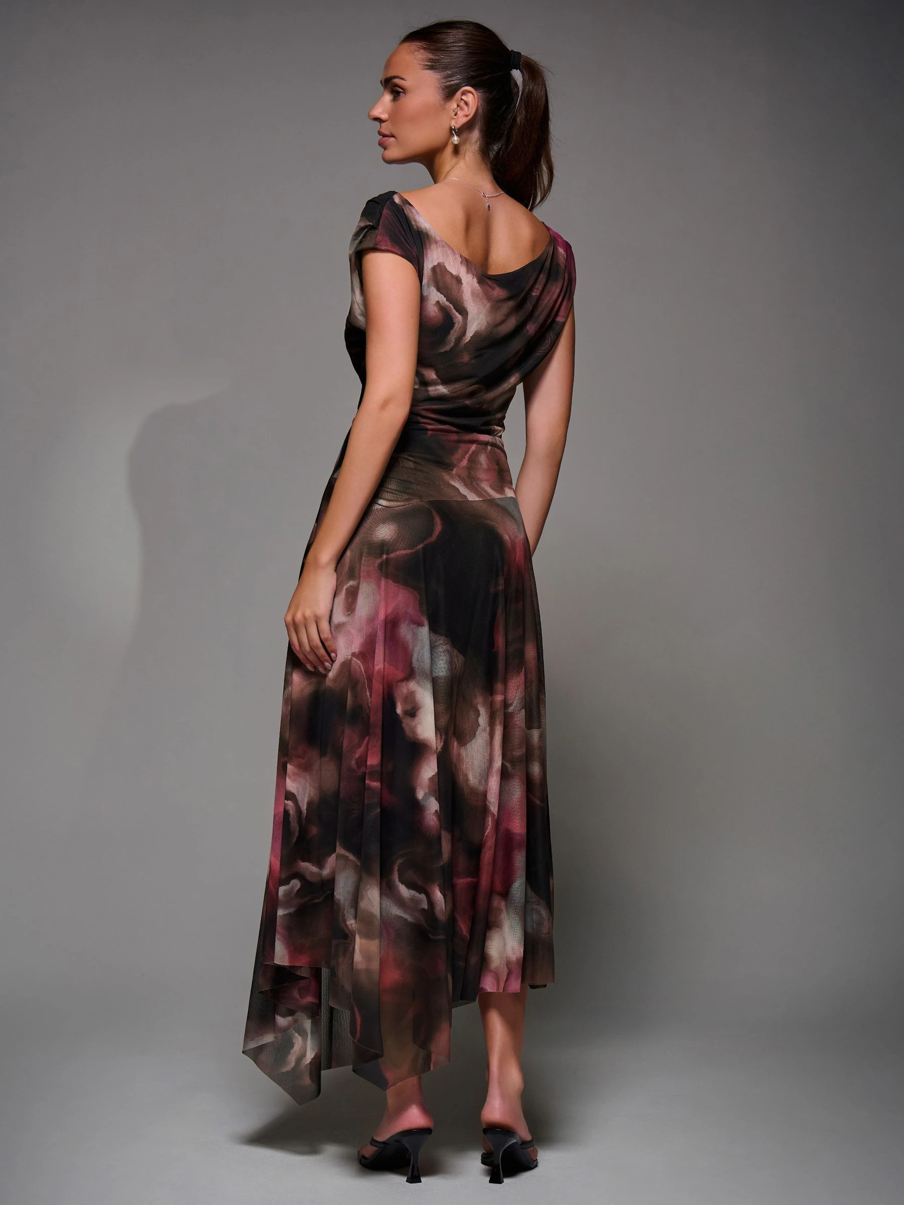 Bruin - Jolie Moi Mesh Asymmetrical Draped Maxi Dress
