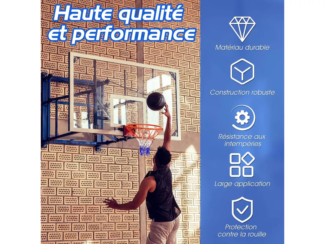 Panier de Basket Anneau Suspendu de Basket-Ball avec Filet Fixation au Murale en Acier Intérieur/Extérieur Diamètre du Anneau : 46 CM Convient aux Adultes et aux Enfants