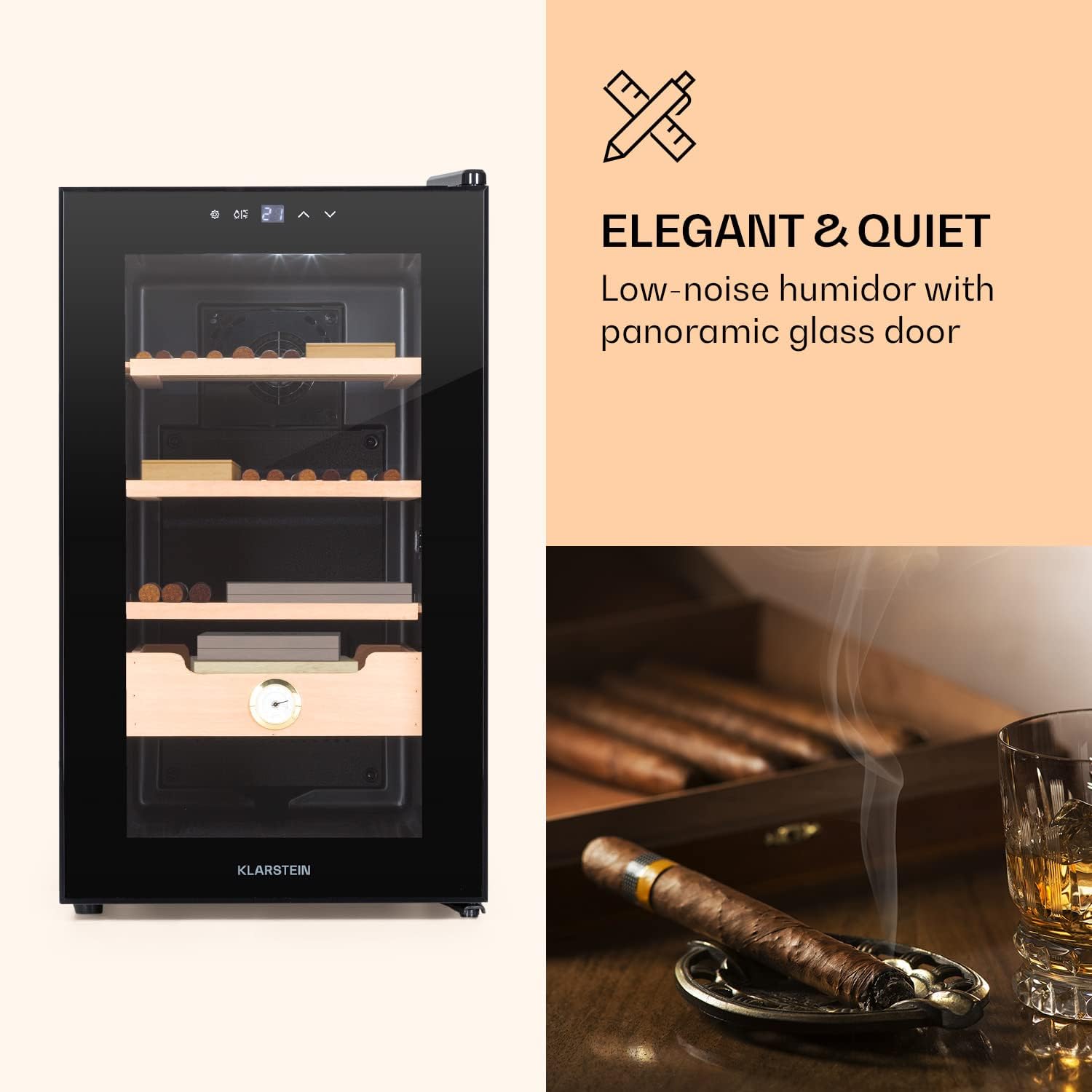 Klarstein El Presidente Zigarren Humidor - thermoelektrischer Humidor Schrank mit Glastür, Humidor Befeuchter mit Einschüben aus Zedernholz, Hygrometer, LED-Innenbeleuchtung, 23 Liter, schwarz